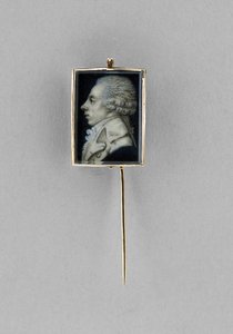 Stickpin com Retrato de um Homem, c.1780 (aguarela em marfim, gesso, velino, ouro 23k, cabelo e vidro) de French School