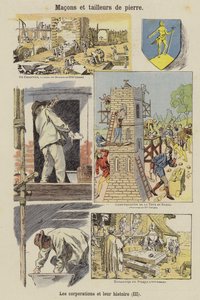 Canteiros e pedreiros (litografia a cores) de French School