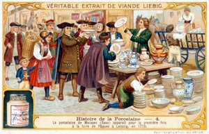 História da Porcelana n.º 4: A porcelana de Meissen (Saxónia) apareceu pela primeira vez na Feira da Páscoa em Leipzig, em 1710. Cromolitografia de Liebig de French School