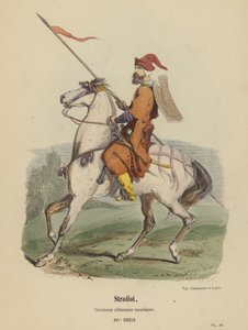 Stradiot, cavalaria auxiliar albanesa, século XVI (gravura a cores) de French School