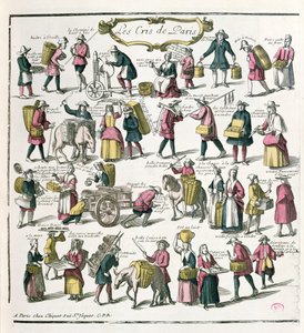 Vendedores ambulantes em Paris, final do século 17 (gravura a cores) de French School