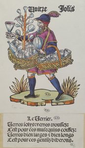 Vendedor ambulante vendendo material de vidro, de Cris de Paris, c.1515 (gravura em madeira colorida) de French School