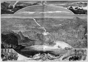 Canal do Suez: vista panorâmica do buraco do Istmo do Suez (Egipto), que começou a ser construído em 1859. Gravura de Morin em "The Illustrous World" n°84 de 20 de Novembro de 1859 de French School
