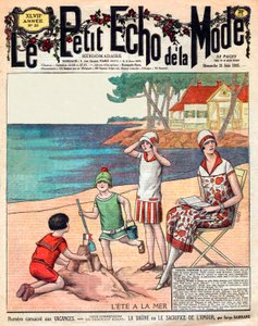 verão no mar, mulher com os seus três filhos na praia de French School