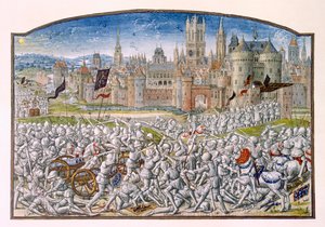 T.2 fol.287 Vitória dos habitantes de Ghent liderados por Philipp van Artevelde antes de Bruges em 1381, de Froissarts Chronicle, 1472 de French School