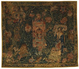 Tapeçaria, Deus Pai Aparecendo a Moisés (uma do conjunto de seis Sibilas compreendendo 46.134 a 46.139) chamada "Tapeçarias Rothamsted", feita em Flandres, Tournei, ou Bruxelas, Bélgica, c.1530 (lã) de French School