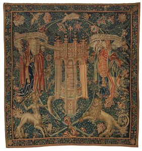 Tapeçaria, Sibylla Hellespontica e Phrygia (uma de um conjunto de seis Sibilas, consistindo de 46.134 a 46.139) chamada "The Rothamsted Tapestries", feita na Flandres, Tournai ou Bruxelas, Bélgica, c.1530 (lã) de French School