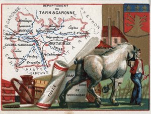 Tarn et Garonne (Tarn-et-Garonne, 82), Midi-Pyrenees (Midi Pyrenees), França. Especialidade local: azeite, amido, tule, folha de Montauban por atacado, moinho de vinho e farinha. Série nos Departamentos franceses. Chromolitografia (Chromo) "o fio geográfic de French School