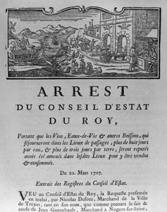 Escritório de Impostos na Entrada de uma Cidade para Vinhos e Espíritos, decreto do Conselho de Estado 22 de março de 1707, dos Registros do Conselho de Estado de Paris, 1739 (ver 163952 para de French School