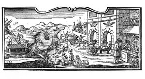 Escritório de Impostos na Entrada de uma Cidade para Vinhos e Espíritos, decreto do Conselho de Estado 22 de março de 1707, de Registros do Conselho de Estado de Paris, 1739 (detalhe) (ver um de French School