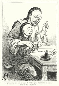 Professor a orientar a mão de um aluno que aprende a escrever caracteres chineses (gravura) de French School