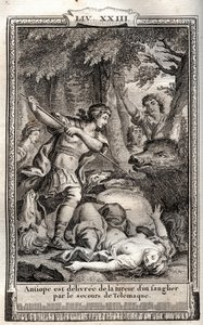 Telemaque delivre Antiope de um javali - gravura de 1798 por Monnet em "Les Aventures de Telemaque, fils d