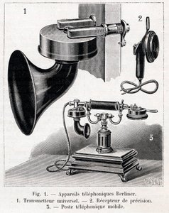 Aparelho telefônico - Sistema Berliner - gravura em "La nature" a partir de 1902 de French School