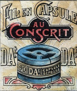 Têxtil, linho. Cápsula para usar os fios de costura Dae. Gravação. Imagem epinal do final do século XIX. de French School