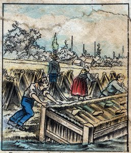 Têxtil, linho. Ferrugem de linho: Para separar os filamentos de palha, as botas de linho são mergulhadas em água. Gravura. Imagem epinal do final do século XIX. de French School