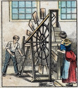 Têxtil, linho. Lavoura do linho para fazer cair a palha por meio dos moinhos e assim obter o filassé. Gravura. Imagem epinal do final do século XIX. de French School