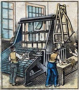 Têxtil, linho: a oficina. Pentear para retirar e alisar o fio de linho que será transformado pelo desenho em fitas cada vez mais finas. Gravura. Imagem epinal do final do século XIX. de French School