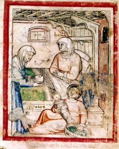 Thamar (Tamar) dá à luz dois gêmeos, Perets e Zerah, filho de Judá, Miniatura do códice 212 (ou codice padovano ou Bíblia de Pádua) 1390-1400 de French School