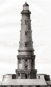 O farol Cordouan do século XVII, perto da foz do estuário da Gironda, em França, visto aqui após a sua extensão no século XVIII, de Les Merveilles de la Science, publicado c.1870 (gravura) de French School
