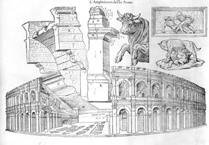 A Arena de Nimes, ilustração do discurso histórico da antiga e ilustre cidade de Nismes por Jean Poldo d Albenas, publicado em 1560 de French School
