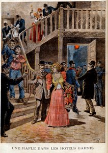 A prisão das prostitutas nos hotéis parisienses (pensão) - Uma ronda nos hotéis lotados - no "Le Petit Journal" de 08/04/1895 (gravura) de French School