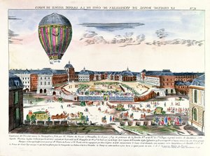 A viagem de balão de François Pilatre de Rozier (1754-96) sobre o Chateau de Versailles, 23 de junho de 1784 de French School