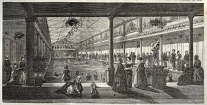 Os Banhos do Hotel Lambert, Ile Saint-Louis, Paris, meados do século XIX - Hotel Lambert, Ile Saint-Louis, escola de natação para senhoras - Banho Lambert - - Gravura em "Tableau-de-Paris" de Edmond Texier 1852 de French School