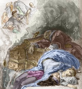 A peste negra: matança de judeus, 1348, ilustração da Histoire-populaire-de-France por Charles Lahure, 1866 (gravura colorida à mão) de French School