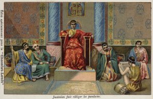 O Imperador Bizantino Justiniano Ditando os Pandectos, Século VI de French School
