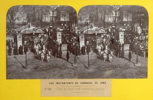 O Carnaval de 1863 em Paris, o flutuador de boi gordo deixando o matadouro, visão estereoscópica, 1863 de French School
