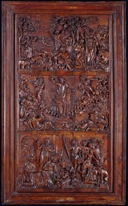 O Credo, Painel I: A Criação do Mundo, Transfiguração, Anunciação e Natividade, 1587 (madeira) (ver também 414037-9) de French School
