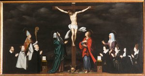 A Crucificação, retratos de doadores. Tríptico de Aubery de French School