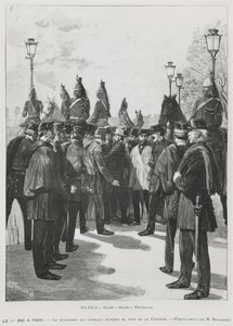 A Delegação dos Sindicatos em Pont de la Concorde durante a manifestação de 1º de maio em Paris, em 1º de maio de 1890, gravada por L. Moulignie, rengraving) de French School