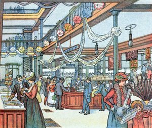 A loja de departamento, ilustração de Cours Schweiter, c.1900 de French School