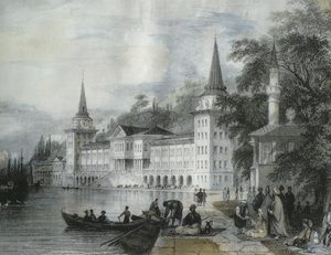 O Palácio de Dolmabahce, no Bósforo, 1840 (gravura de cor) de French School
