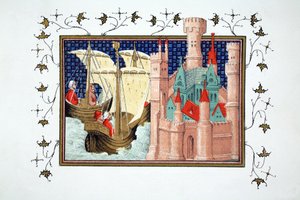 O Duque de Salisbury chegando ao Conway Castle da Irlanda, cópia fac-símile de Le Prinse et Mort du Roy Richart por Jean Creton, reimpresso do século XIX de French School