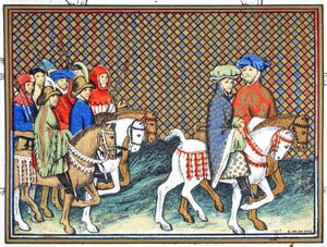 Os duques de Exeter e Surrey enviados por Richard II do castelo de Conway para Chester para tratar com o duque de Lancaster, cópia fac-símile de Le Prinse et Mort du Roy Richart por Jean Creton, reimpresso 19 de French School