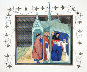O Conde de Northumberland em Missa Alta na Capela do Castelo de Conway, tendo o seu juramento traiçoeiro e fatal, cópia fac-símile de Le Prinse et Mort du Roy Richart por Jean Creton, reimpresso do século XIX de French School