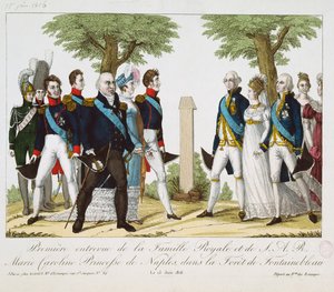 A primeira reunião entre Louis XVIII (1755-1824) e Marie-Caroline-Ferdinande (1798-1870) de Bourbon, na Croix de St. Herem na floresta de Fontainebleau, 15 de junho de 1816, 1816-30 (engr coloridas de French School