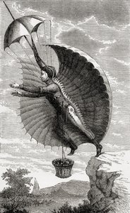 O homem voador, gravado após Nicolas Edme Restif de la Bretonne, de "Maravilhosas Subidas Balão ou a Conquista dos Céus", por Fulgence Marion, publicado em c.1870 de French School