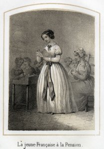 A rapariga francesa lê para os colegas de turma. Gravura anónima do século XIX de French School