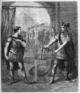 O líder do exército gaulês Brennos (Brennus) derrota os romanos e proclama os "Vae Victis" (Ai dos vencidos), Os gauleses exigem resgate após a conquista de Roma - O líder dos Brennus da tribo gaulesa dos Sénons pronuncia o fatídico Vae vict de French School
