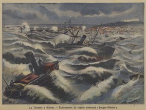 O navio a vapor alemão Berger-Wilhelm encalha numa tempestade ao largo de Bizerte, Tunísia (cor litho) de French School