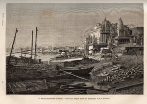 O Ghat de Benares (actual Vanarasi) (ghat que designa os degraus que cobrem as margens dos rios e as margens das bacias e reservatórios que permitem descer em contacto com a água), gravado após o desenho de G. Moynet, ilustrando a viagem t de French School