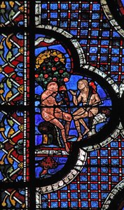 A janela do bom samaritano: Adão e Eva sob a árvore do conhecimento do bem e do mal (w44) de French School