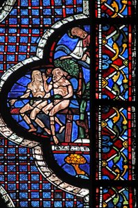 A janela do Bom Samaritano: Deus chama Adão e Eva (com folhas de figueira) (w44) de French School