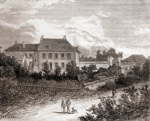 A casa de Gras, perto de Chalon-sur-Saône, em França, onde o inventor francês Nicéphore Niépce desenvolveu a heliografia, de Les Merveilles de la Science, publicado por volta de 1870 (gravura) de French School