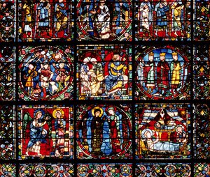 A Janela da Encarnação, detalhe da parte inferior representando a Anunciação, a Visitação, a Natividade, a Anunciação aos Pastores e os Reis Magos antes de Herodes de French School