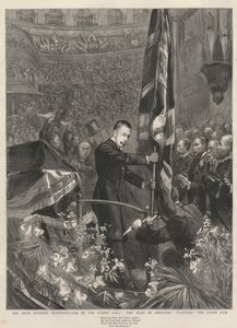 A demonstração legalista irlandesa no Albert Hall, Londres, 1893: o duque de Abercorn (James Hamilton) (1811-1885), plantando a Union Jack. de French School