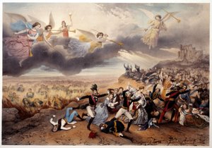 O Juízo de Deus Os Anjos do Apocalipse tocam as trombetas e anunciam o Juízo Final perante os monarcas e outros protagonistas da história francesa, Napoleão I e representantes do Antigo Regime ardem nas chamas do Inferno. Ilustração feita de French School
